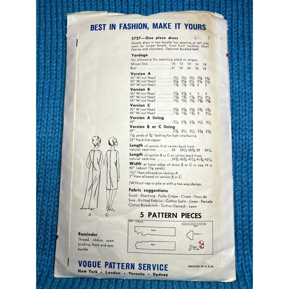 Vogue Pattern 5727 dress bodycon cowl neck 1960s sz 14 bust 34 - Picture 3 of 7